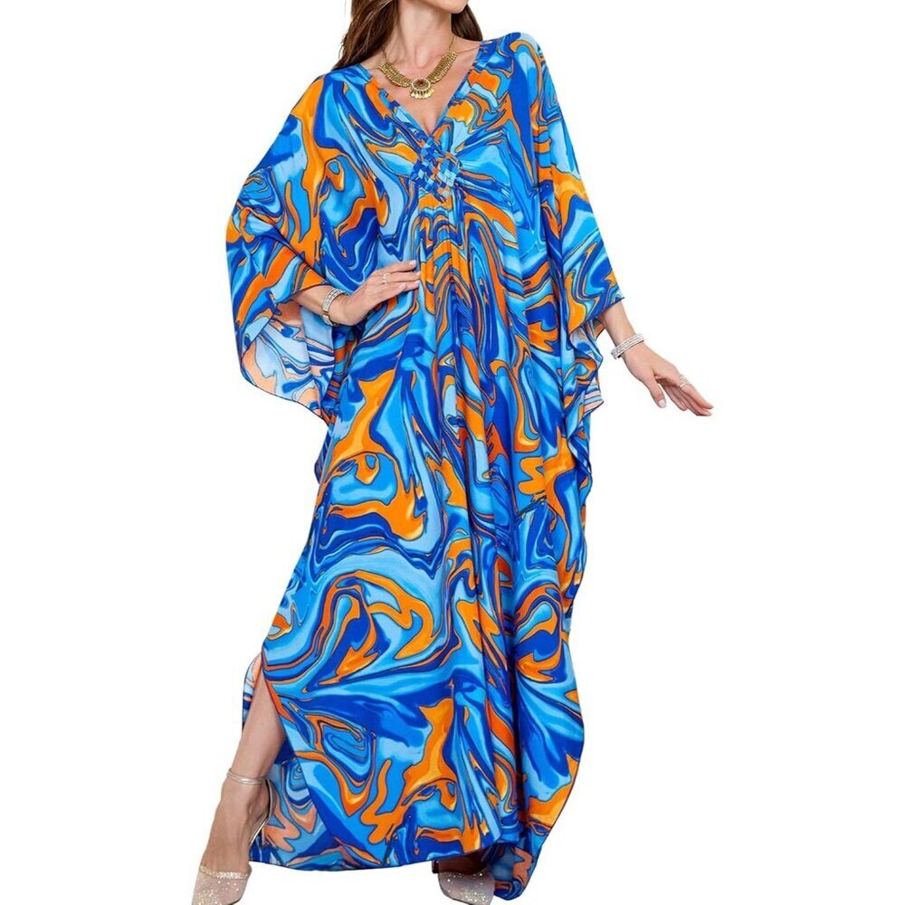 Women's Blue Abstract Floral V-Neck Batwing Sleeves Summer Cover Up Kaftan Dress